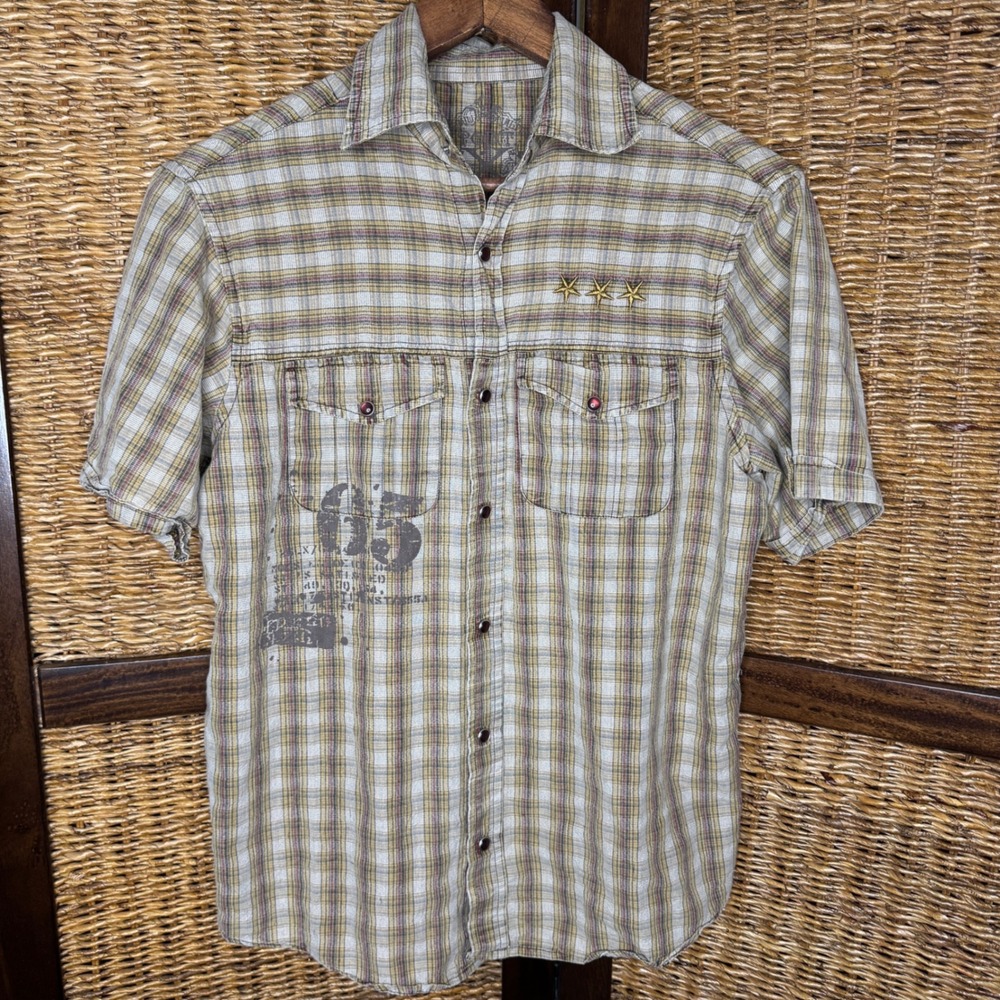 Y2K Grunge Mens Plaid Short Sleeve Button Down Shirt Eagle Embroidery L Skater